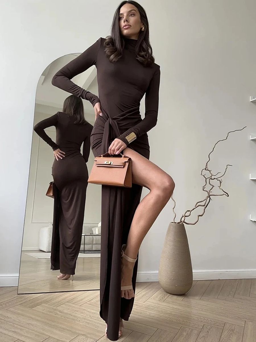 Turtleneck Maxi Dress with Side Slit and Shoulder Pads Julissa Mo - Women's Maxi Dresses 1