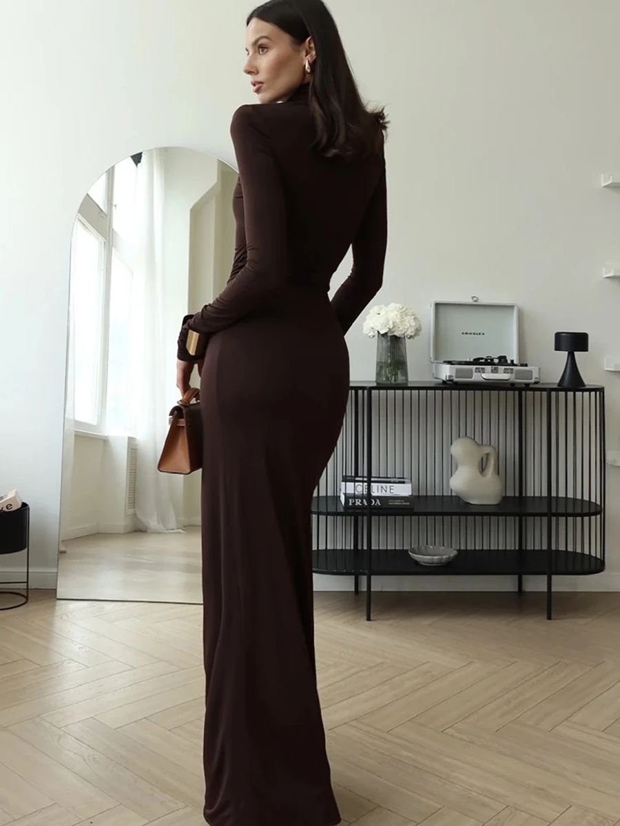 Turtleneck Maxi Dress with Side Slit and Shoulder Pads Julissa Mo - Women's Maxi Dresses 2