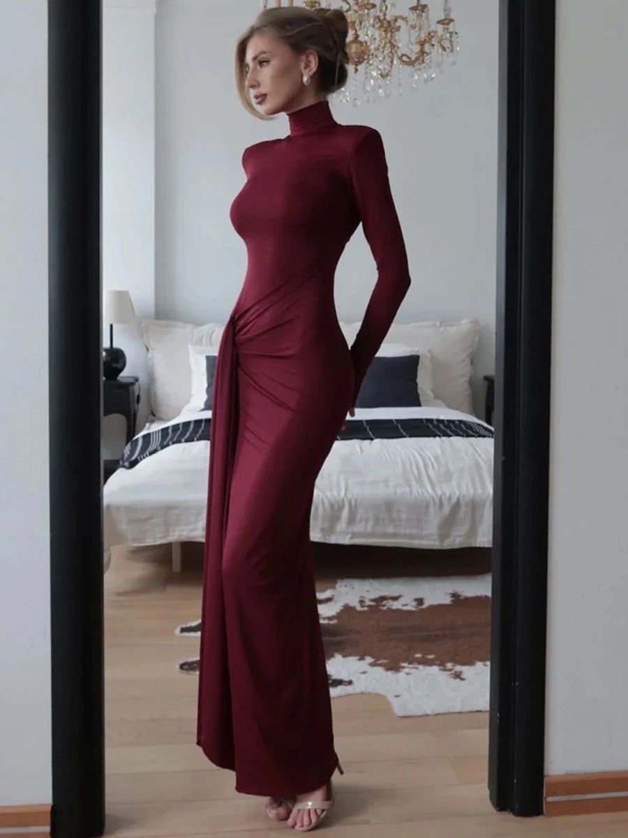 Turtleneck Maxi Dress with Side Slit and Shoulder Pads Julissa Mo - Women's Maxi Dresses 3