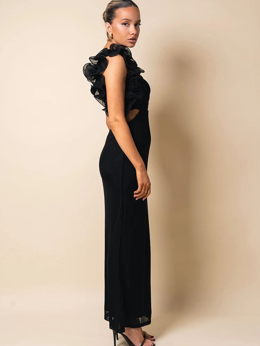 One-Shoulder Ruffle Maxi Dress with Hollow-Out Ruched Detail Julissa Mo - Women's Maxi Dresses 3