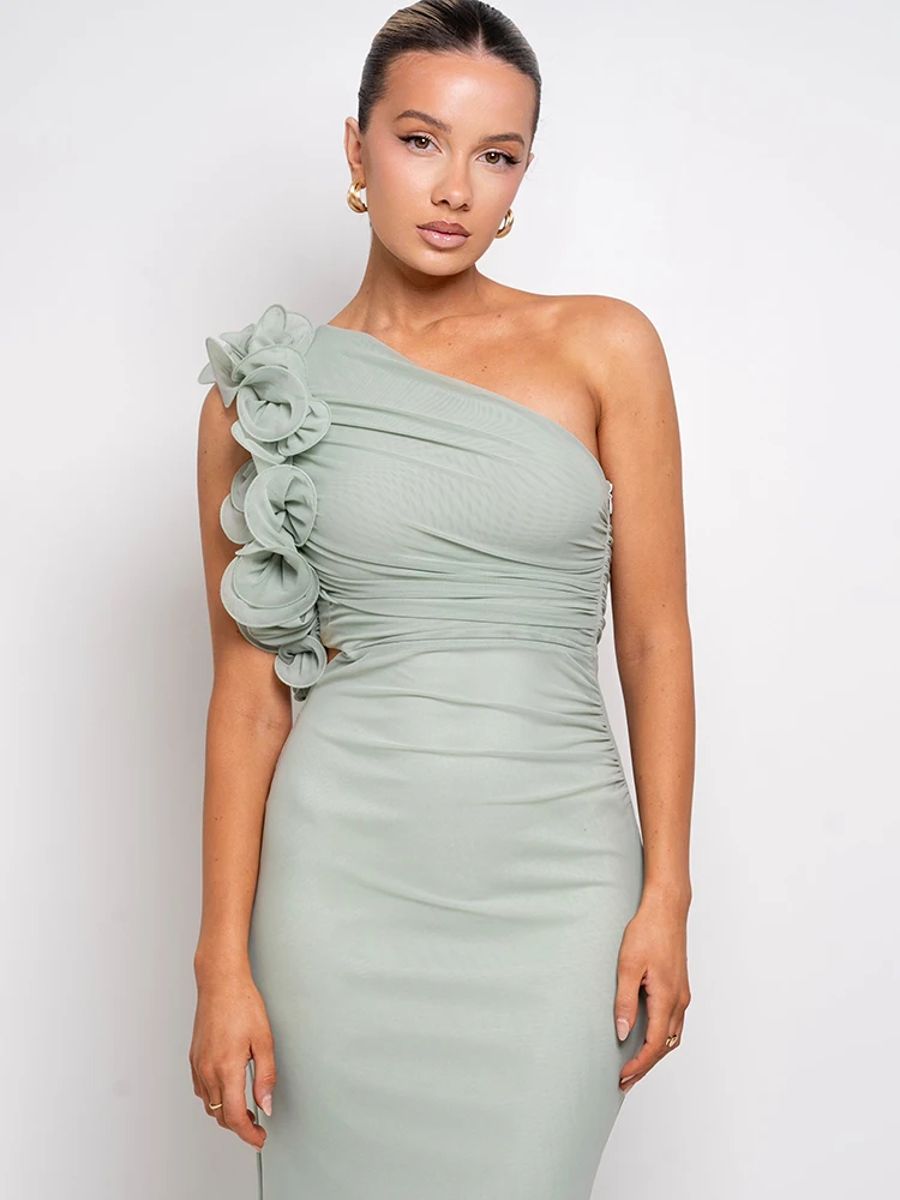 One-Shoulder Ruffle Maxi Dress with Hollow-Out Ruched Detail Julissa Mo - Women's Maxi Dresses 1