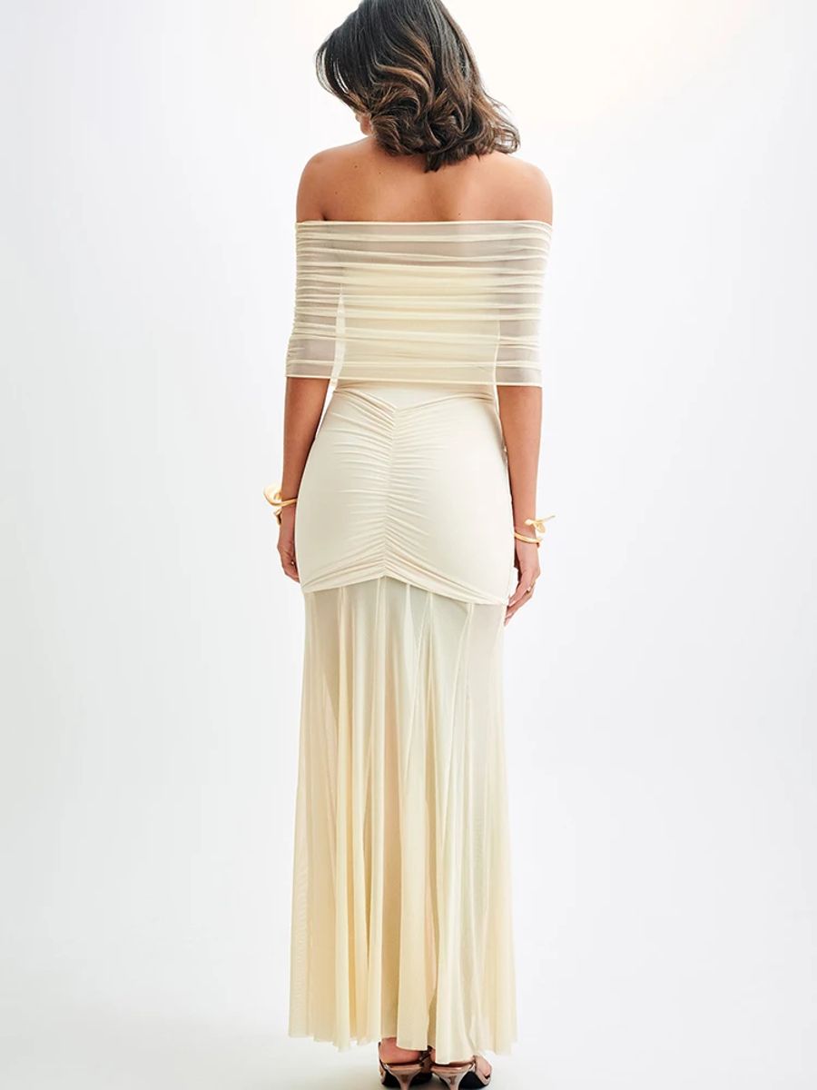 Elegant Off Shoulder Ruched Backless Maxi Party Dress