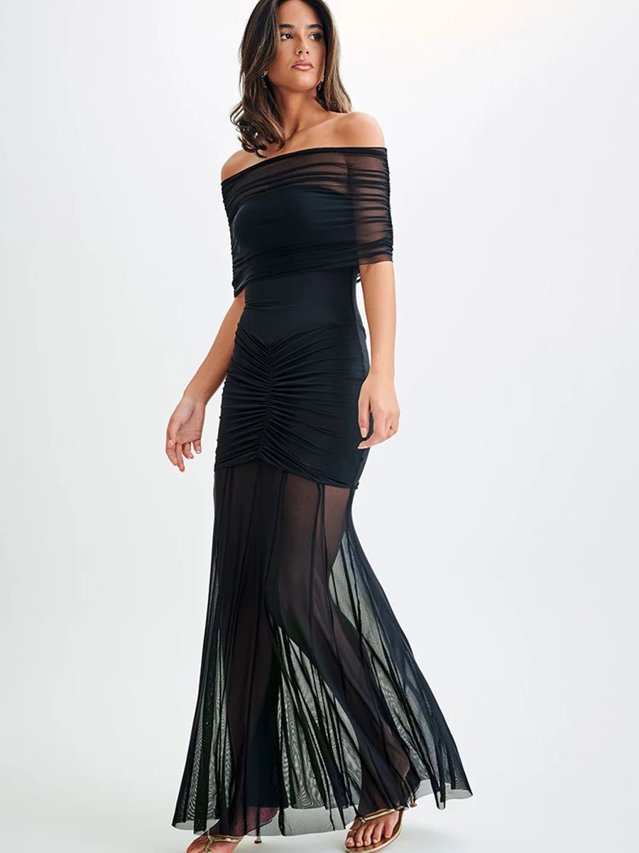 Elegant Off Shoulder Ruched Backless Maxi Party Dress