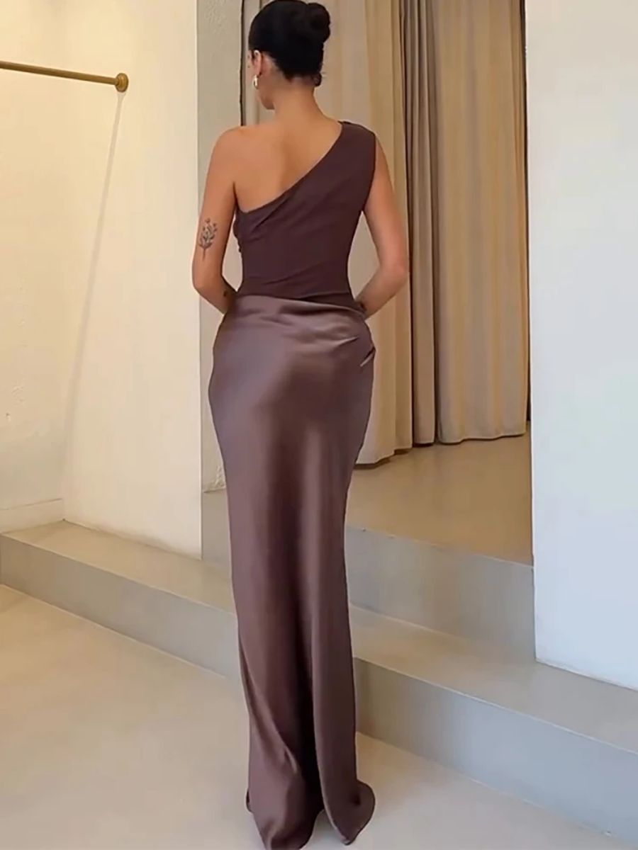 Satin Patchwork One Shoulder Maxi Dress for Evening Events