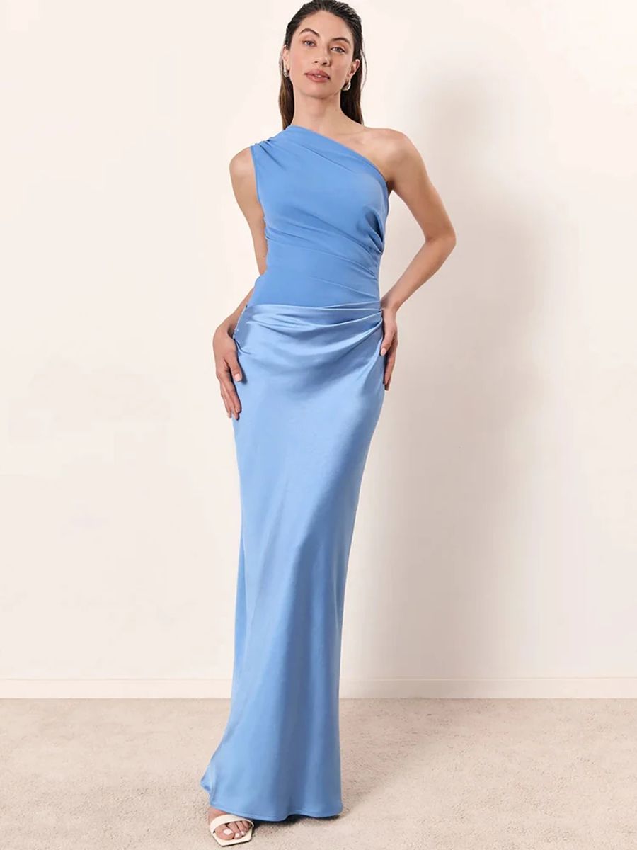 Satin Patchwork One Shoulder Maxi Dress for Evening Events