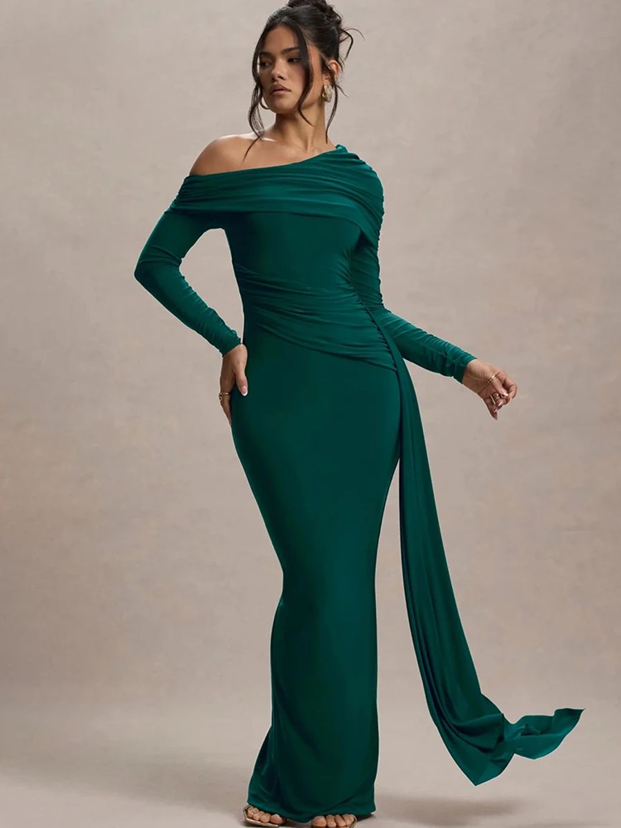 Elegant One Shoulder Long Sleeve Bodycon Evening Dress
