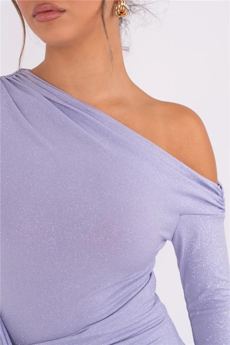 Elegant One-Shoulder Sparkle Maxi Party Dress with Ruched Detail Mozision - Women's Party Dresses 2