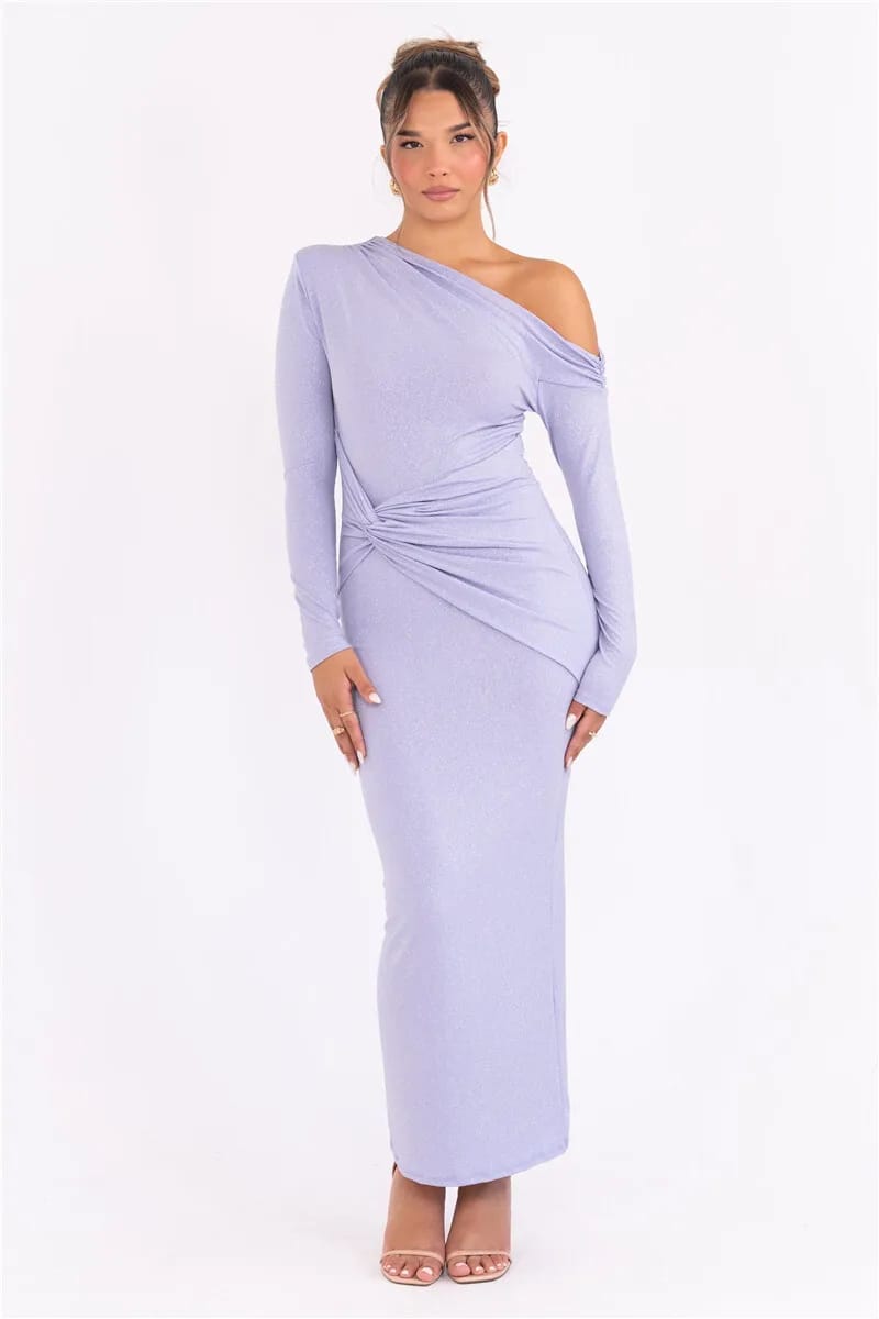 Elegant One-Shoulder Sparkle Maxi Party Dress with Ruched Detail Mozision - Women's Party Dresses