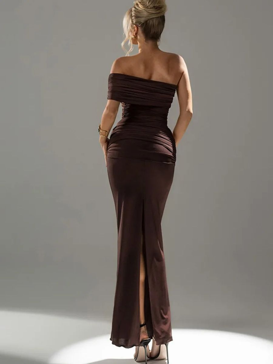 Elegant One-Shoulder Maxi Dress with Side Split Detail Mozision - Women's Maxi Dresses 3