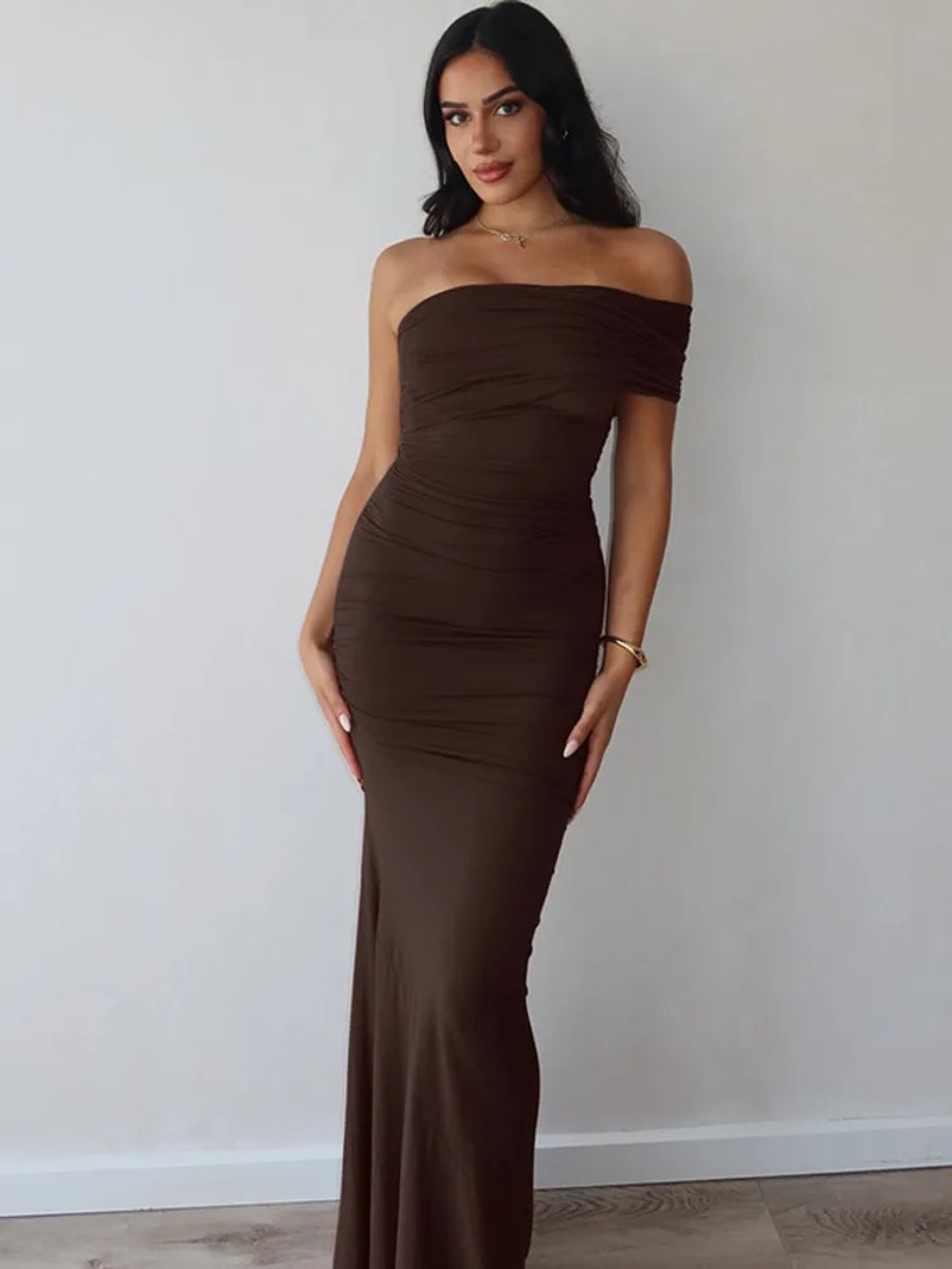 Elegant One-Shoulder Maxi Dress with Side Split Detail Mozision - Women's Maxi Dresses 11