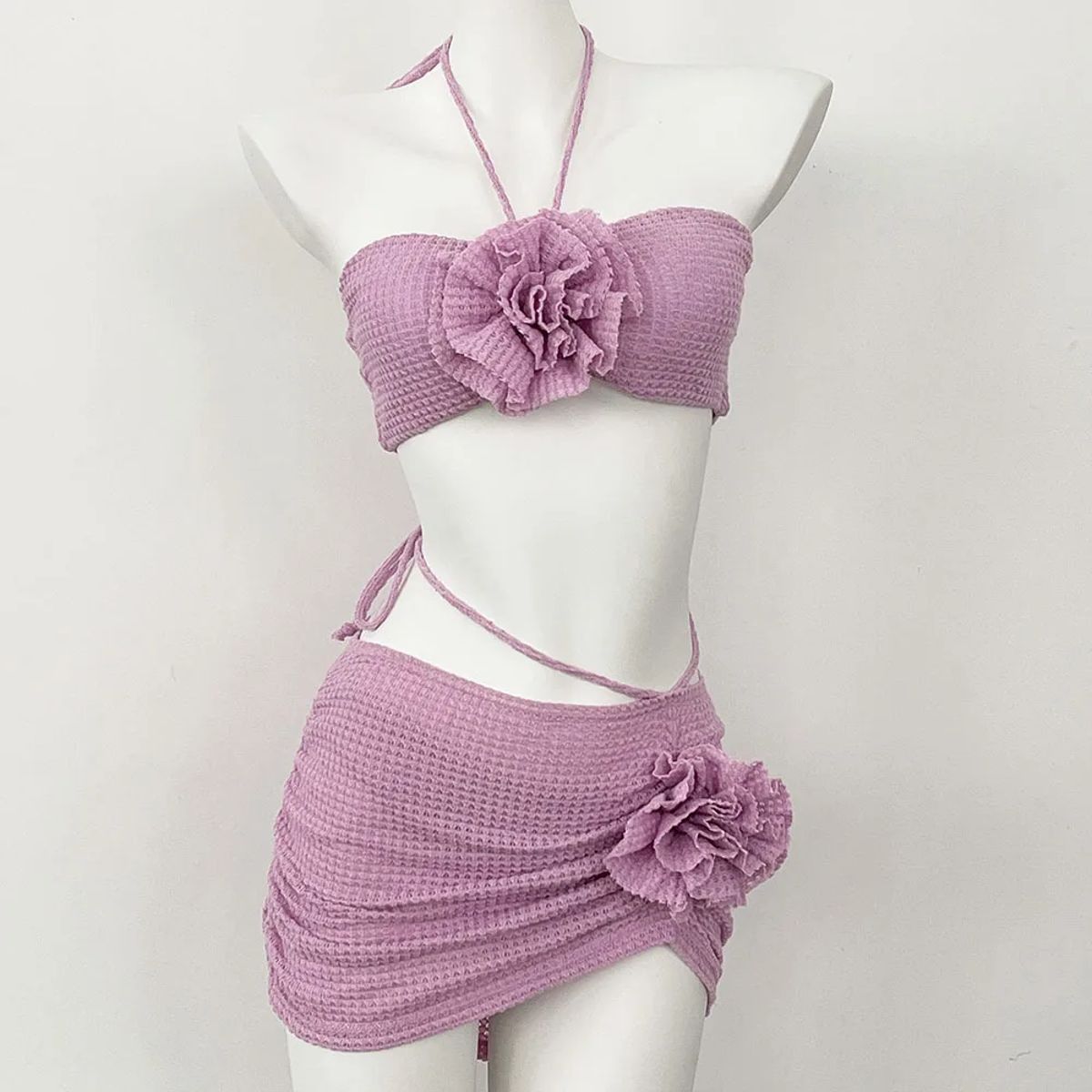 3-Piece High Cut Bikini Set with 3D Floral Accents