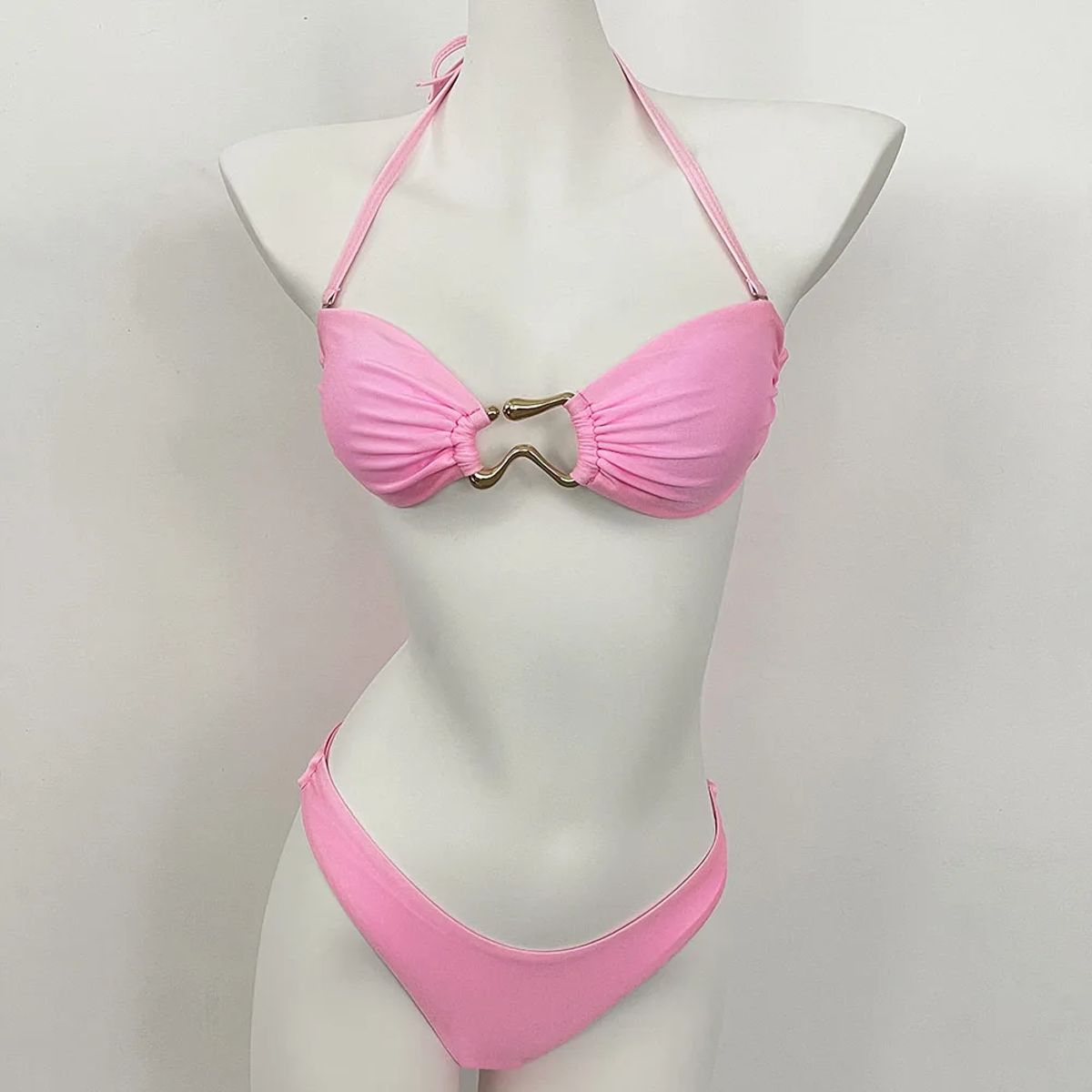 Adjustable Thong Bikini Set with Halter Neck and Ring Detail
