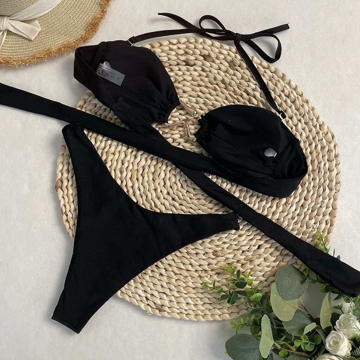 Adjustable Thong Bikini Set with Halter Neck and Ring Detail