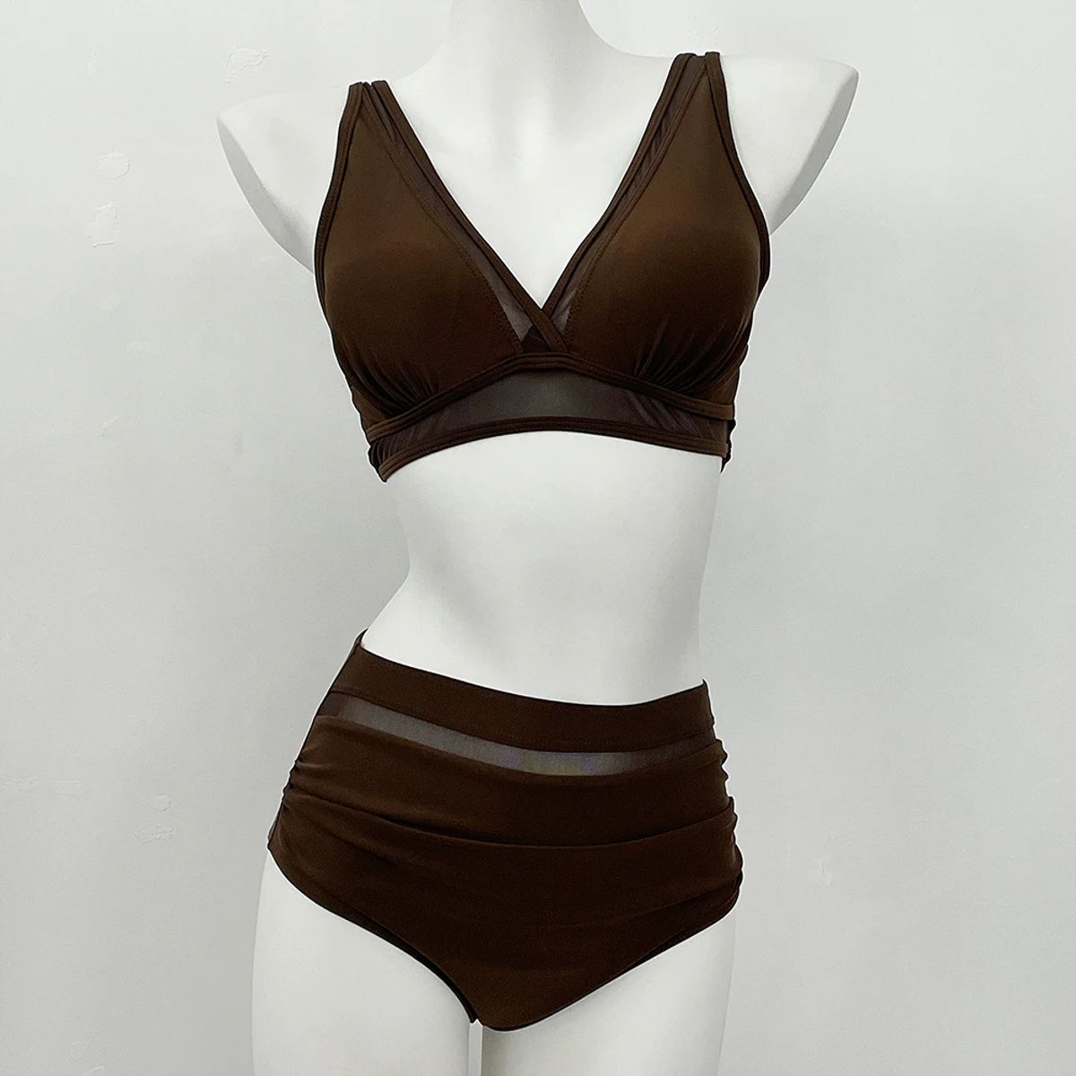 Solid High Waist Bikini Set with Contrast Mesh Detailing