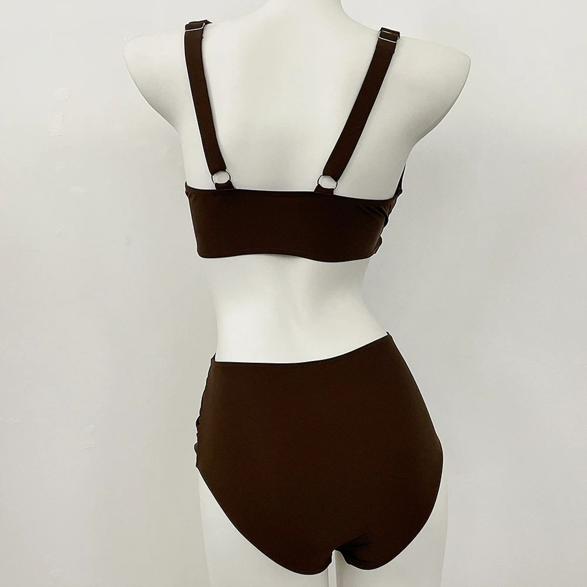 Solid High Waist Bikini Set with Contrast Mesh Detailing