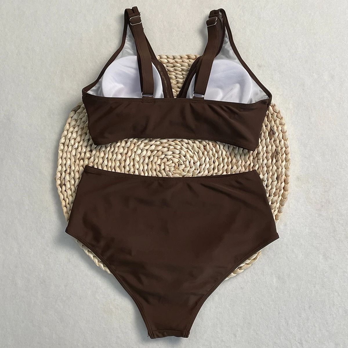 Solid High Waist Bikini Set with Contrast Mesh Detailing