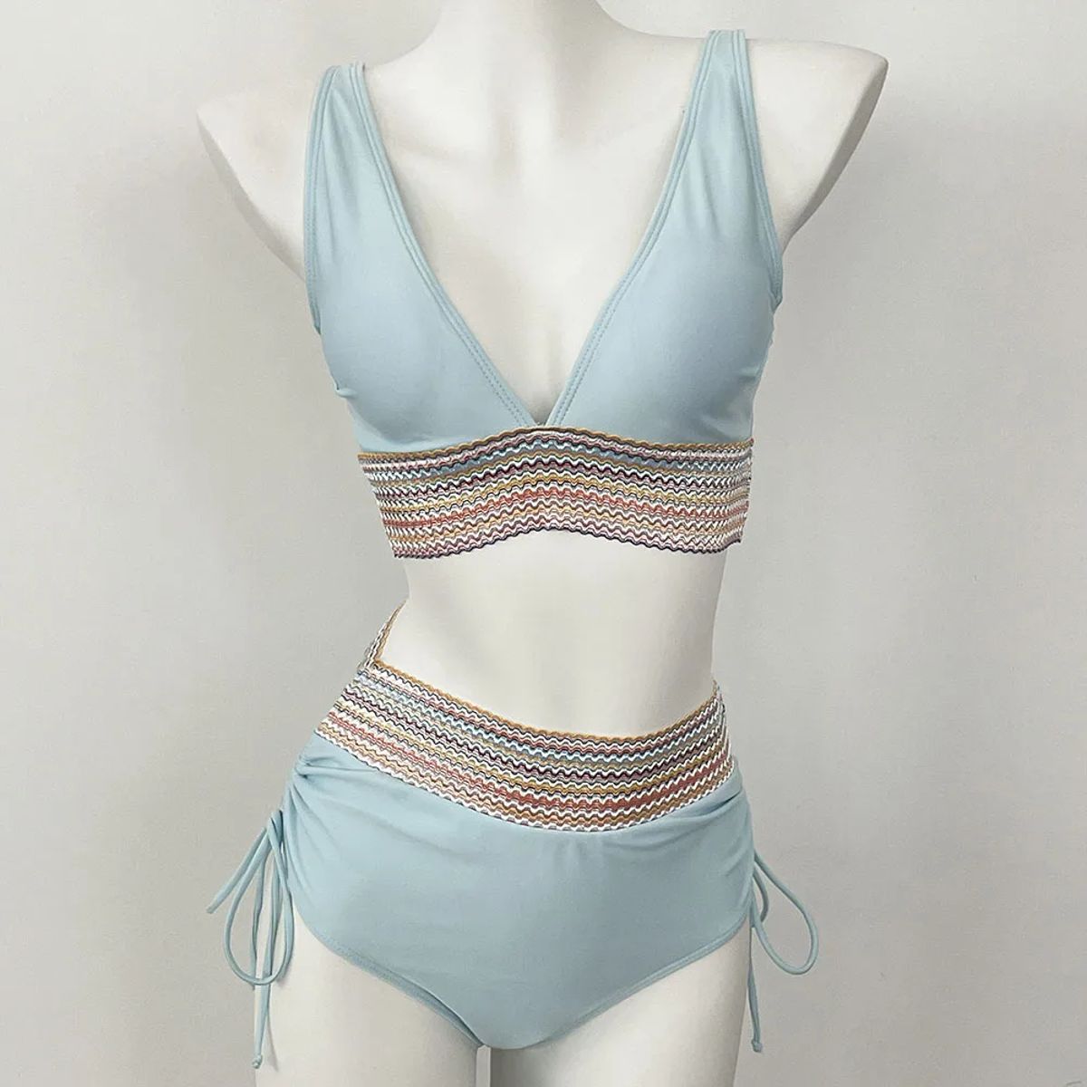 High Waist Bikini Set with Rainbow Side Strap Detail