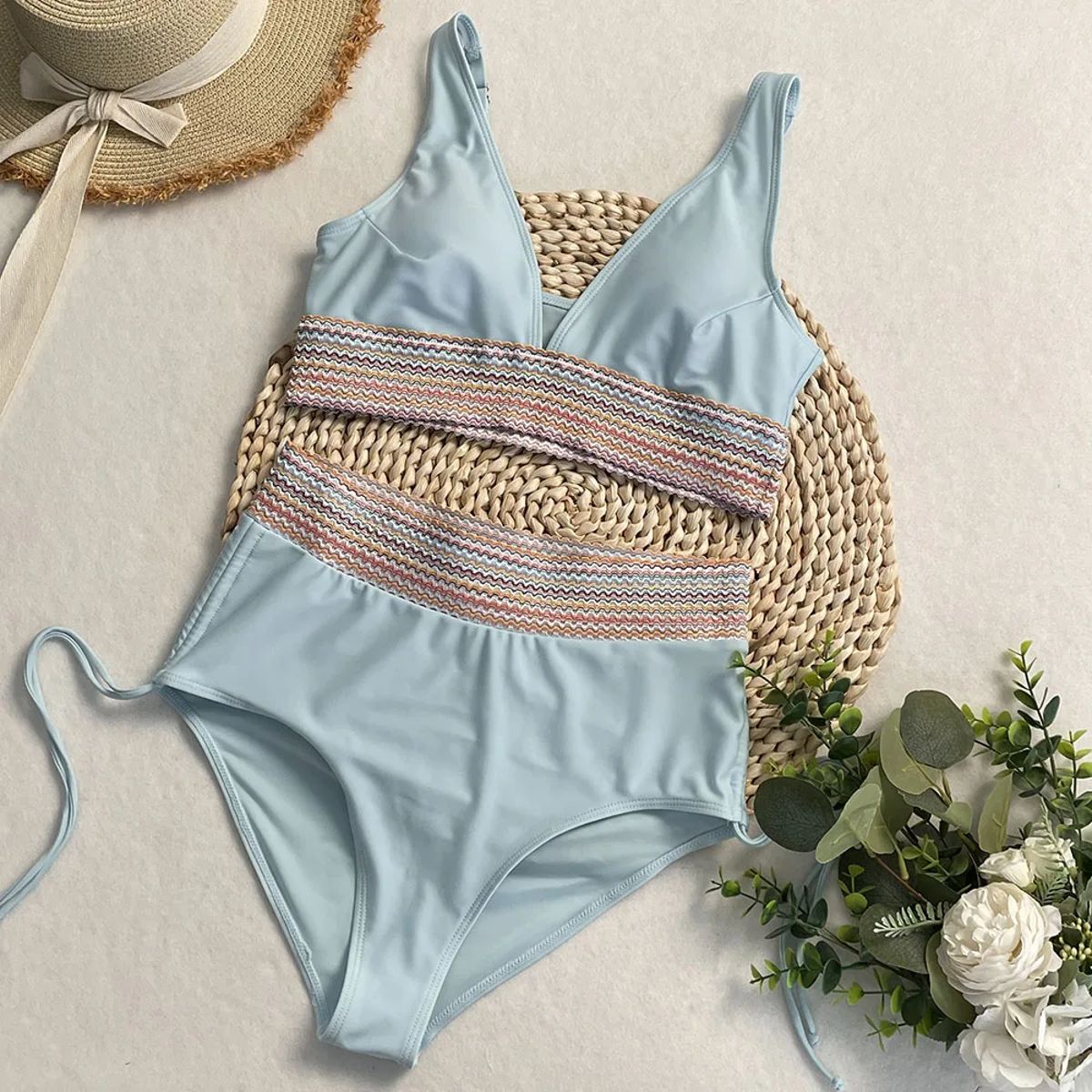 High Waist Bikini Set with Rainbow Side Strap Detail