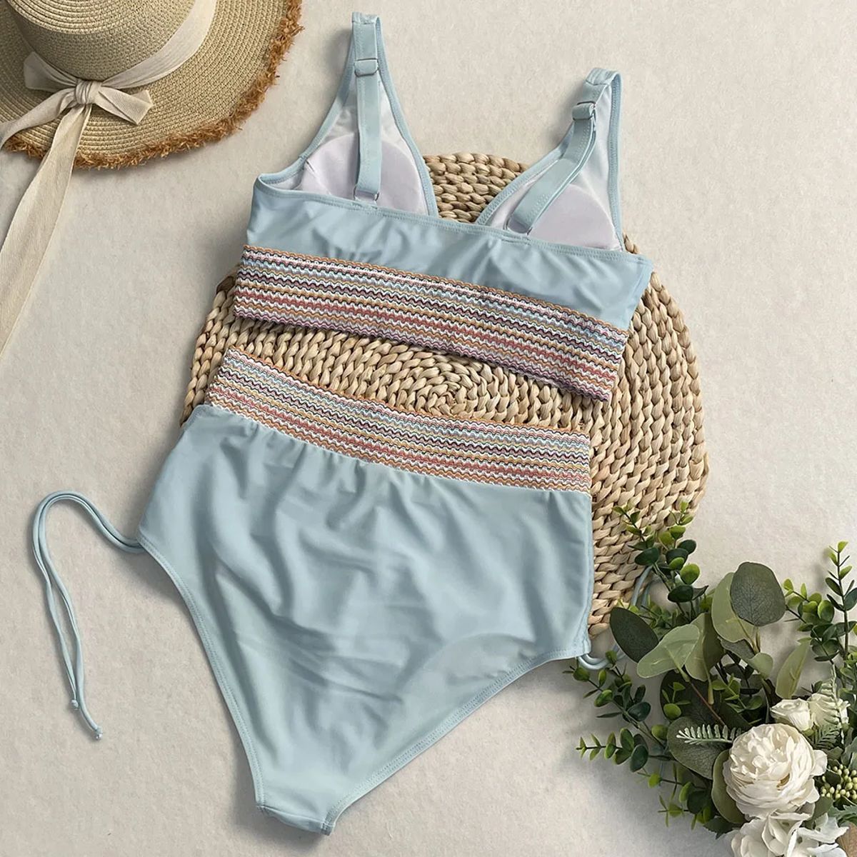 High Waist Bikini Set with Rainbow Side Strap Detail