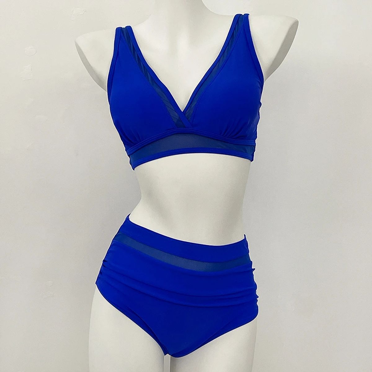 High Waist Bikini Set with Contrast Mesh and Sweetheart Neck