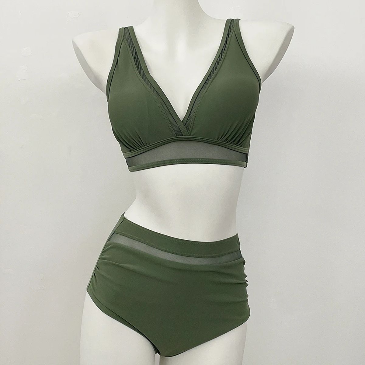 High Waist Bikini Set with Contrast Mesh and Sweetheart Neck