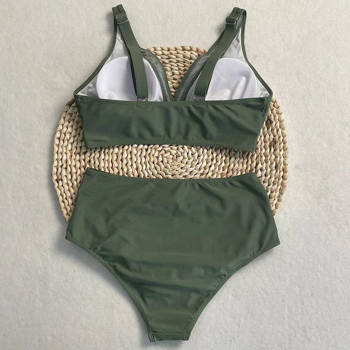 High Waist Bikini Set with Contrast Mesh and Sweetheart Neck