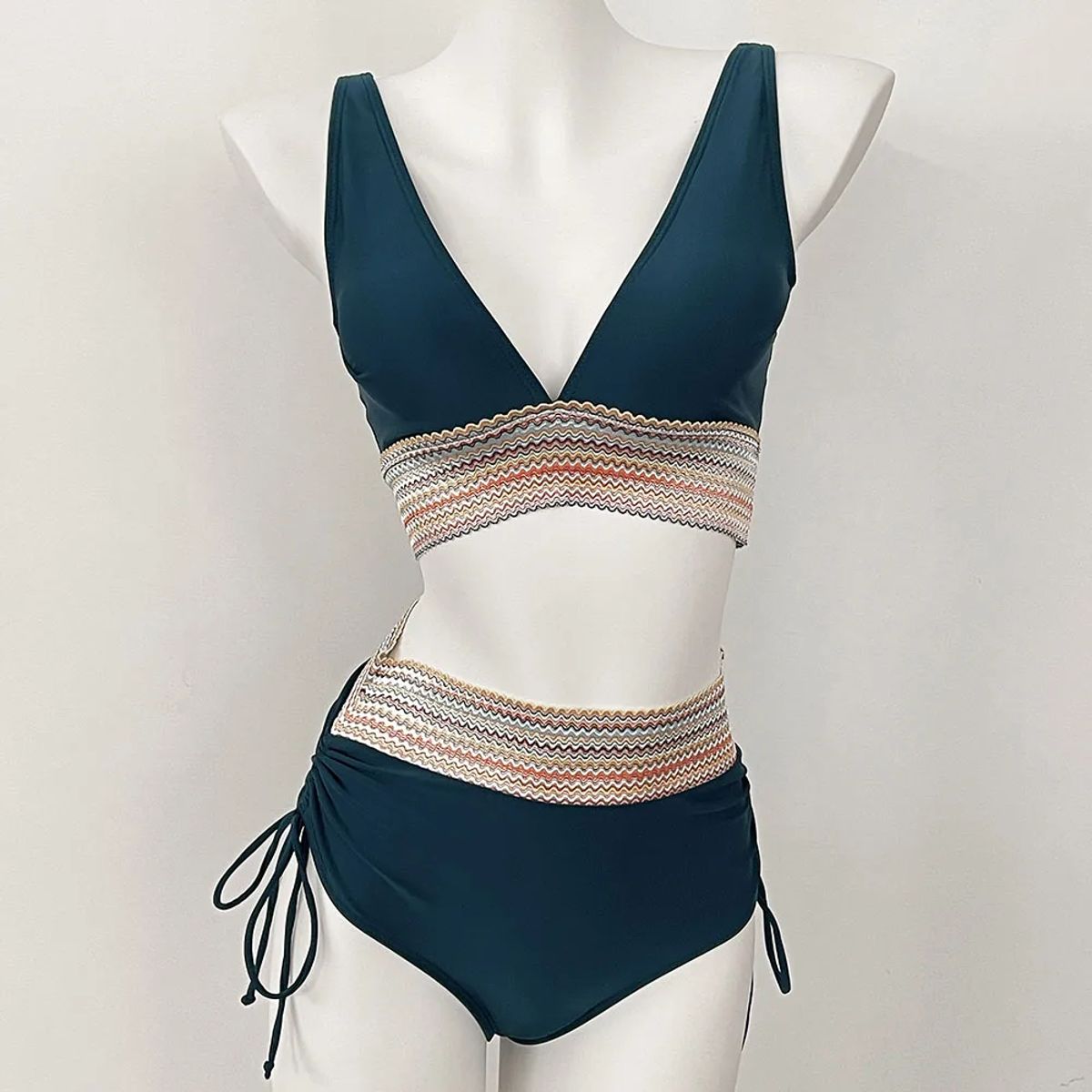 Rainbow Strap High Waist Bikini Set with Deep V Neck