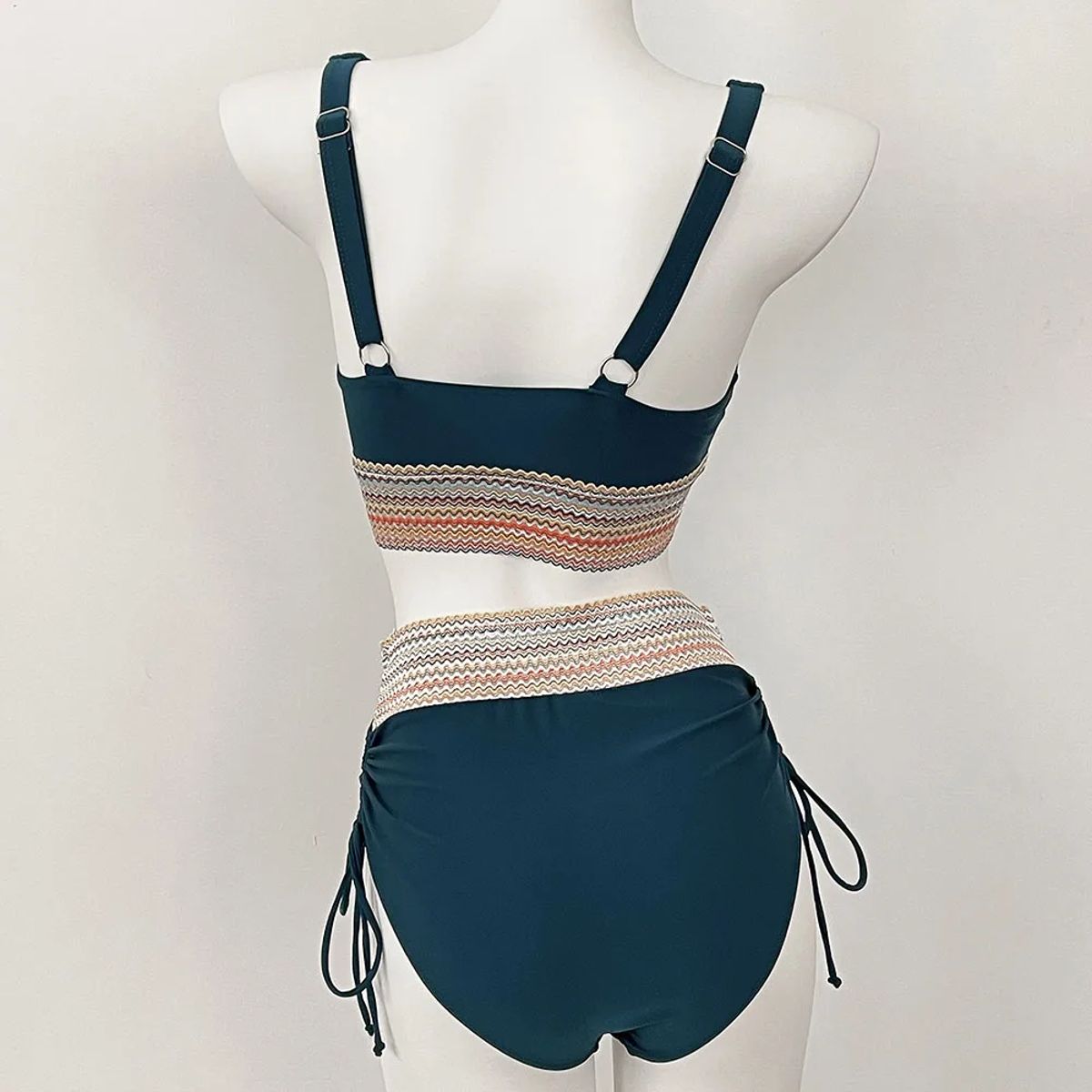 Rainbow Strap High Waist Bikini Set with Deep V Neck