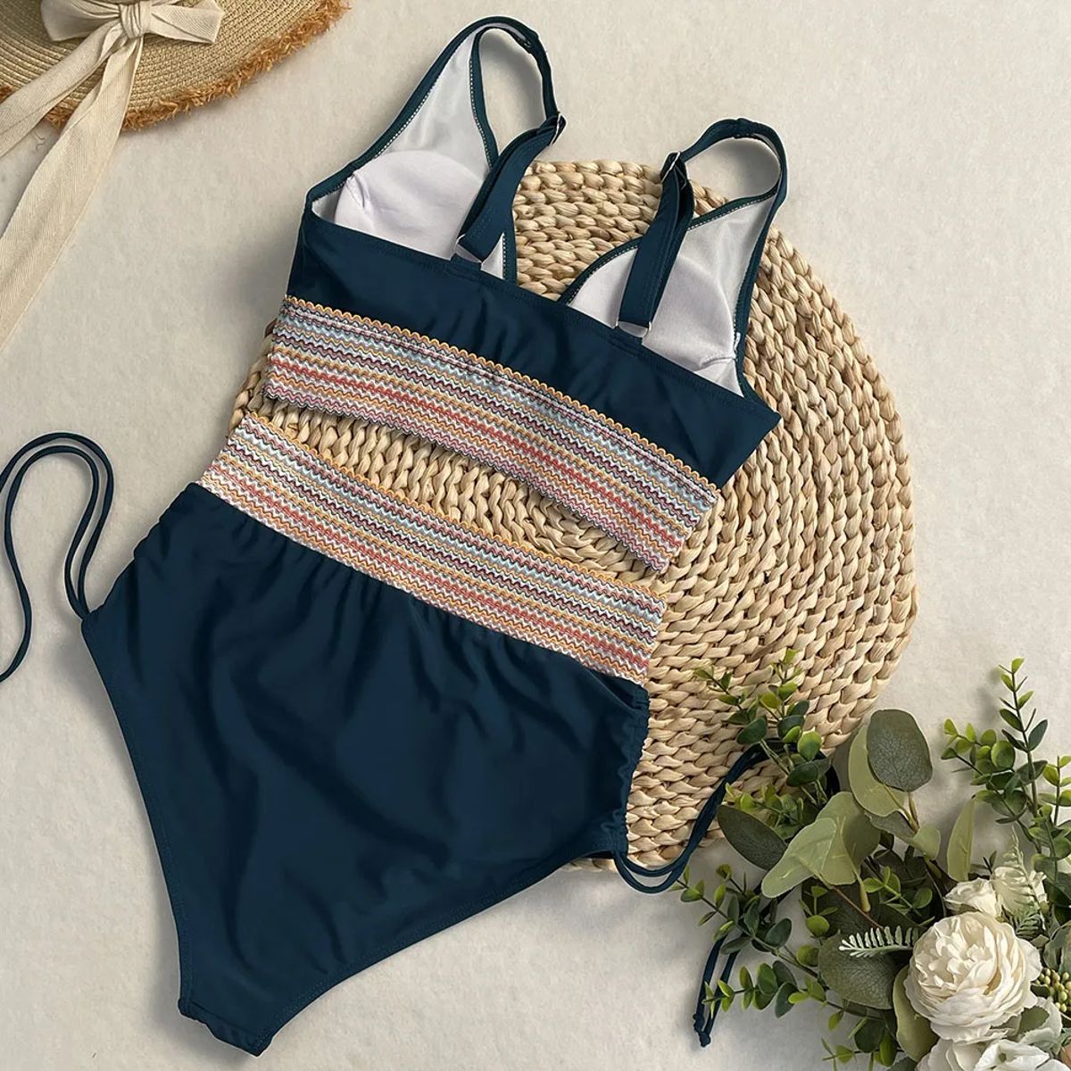 Rainbow Strap High Waist Bikini Set with Deep V Neck