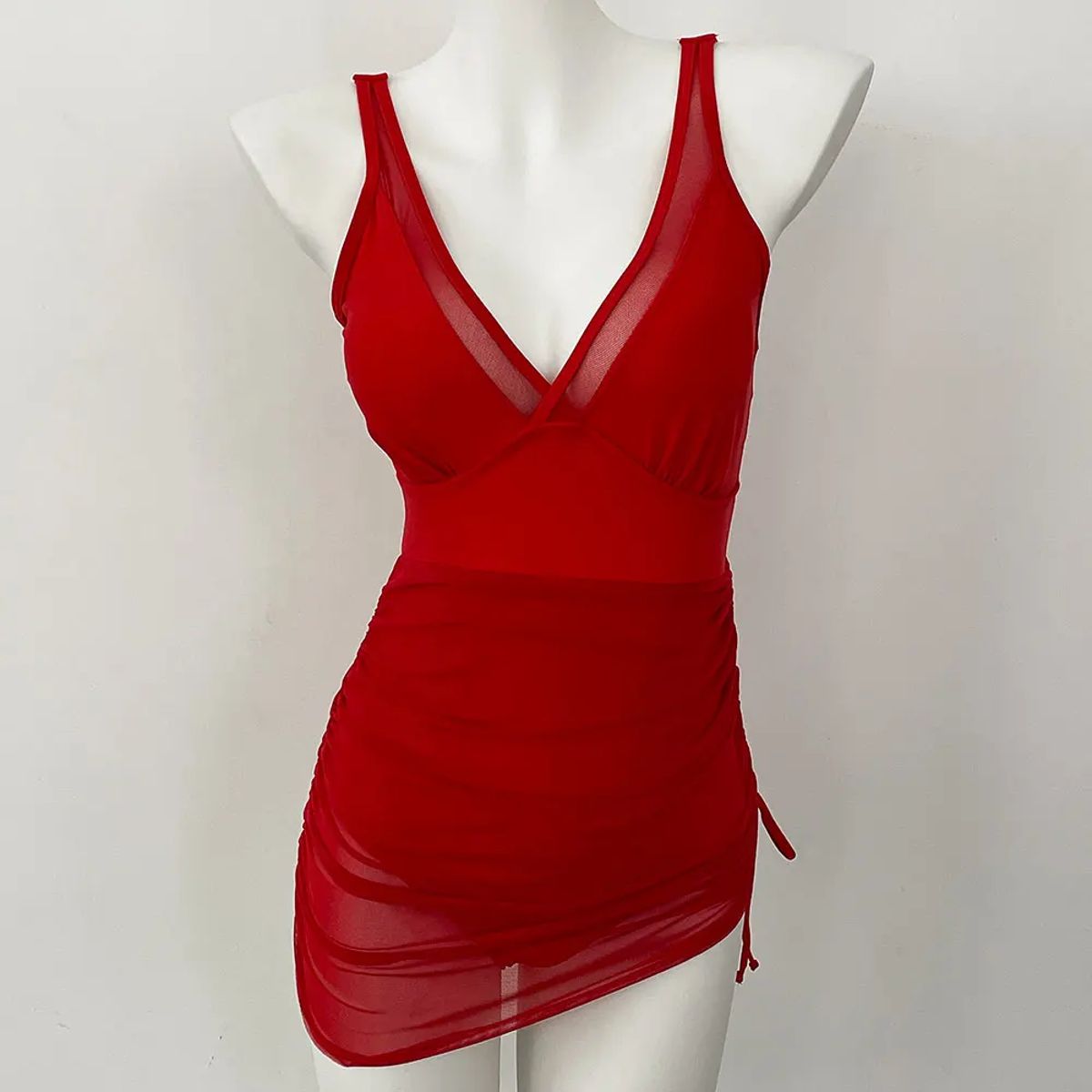 Skirted One-Piece Swimsuit with Triangle Neck and Frill Detail