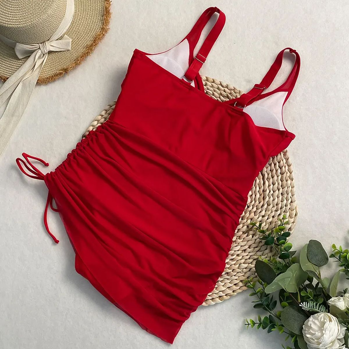 Skirted One-Piece Swimsuit with Triangle Neck and Frill Detail
