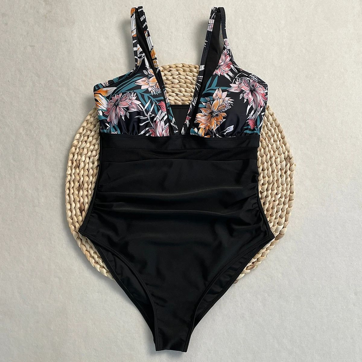 Deep V-Neck One-Piece Swimsuit with Mesh and High Waist