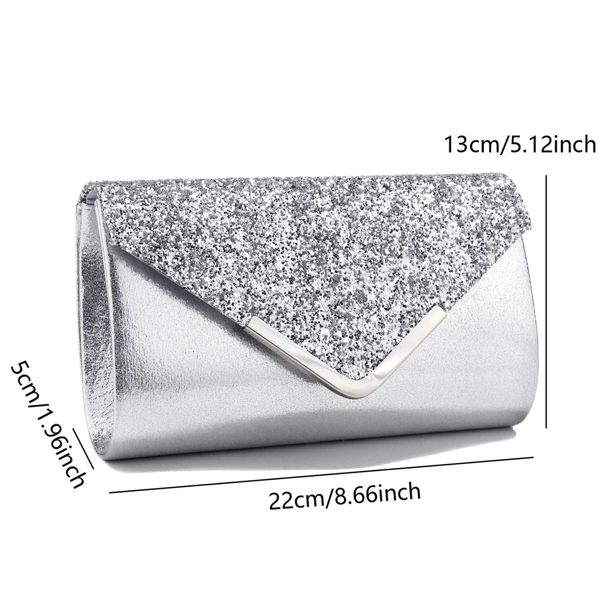 Silver Glitter Envelope Clutch with V Design and Chain Strap Sekusa - Women's Clutch Bags 2