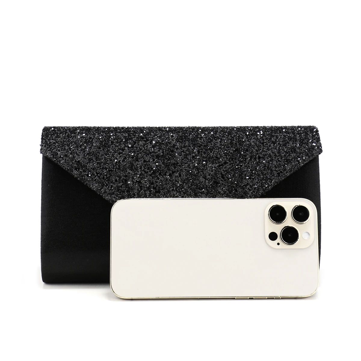 Silver Glitter Envelope Clutch with V Design and Chain Strap Sekusa - Women's Clutch Bags 3