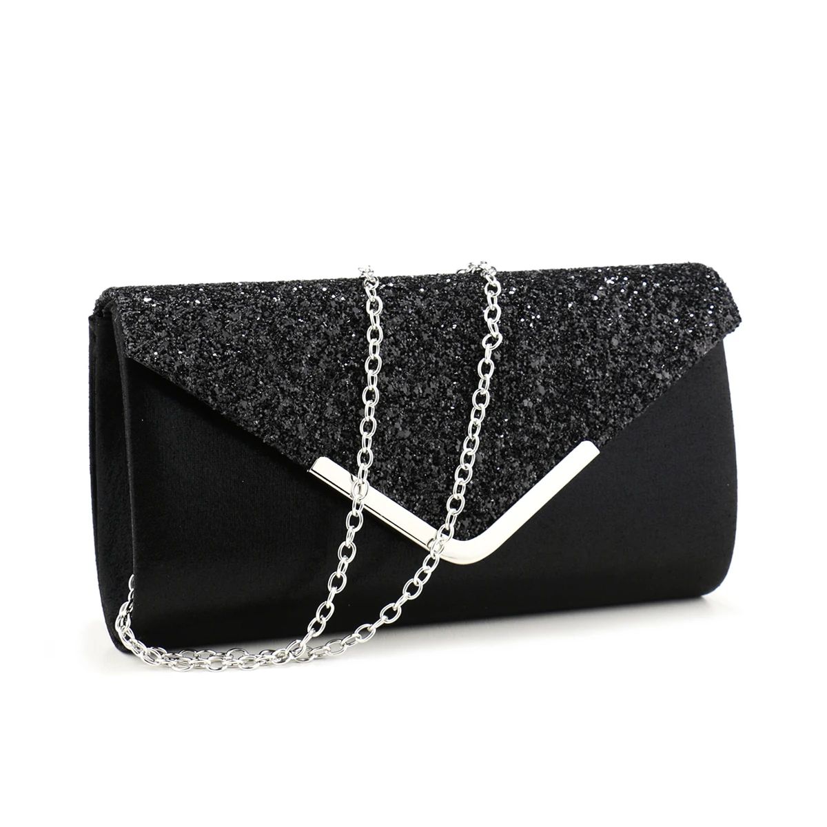Silver Glitter Envelope Clutch with V Design and Chain Strap Sekusa - Women's Clutch Bags 5