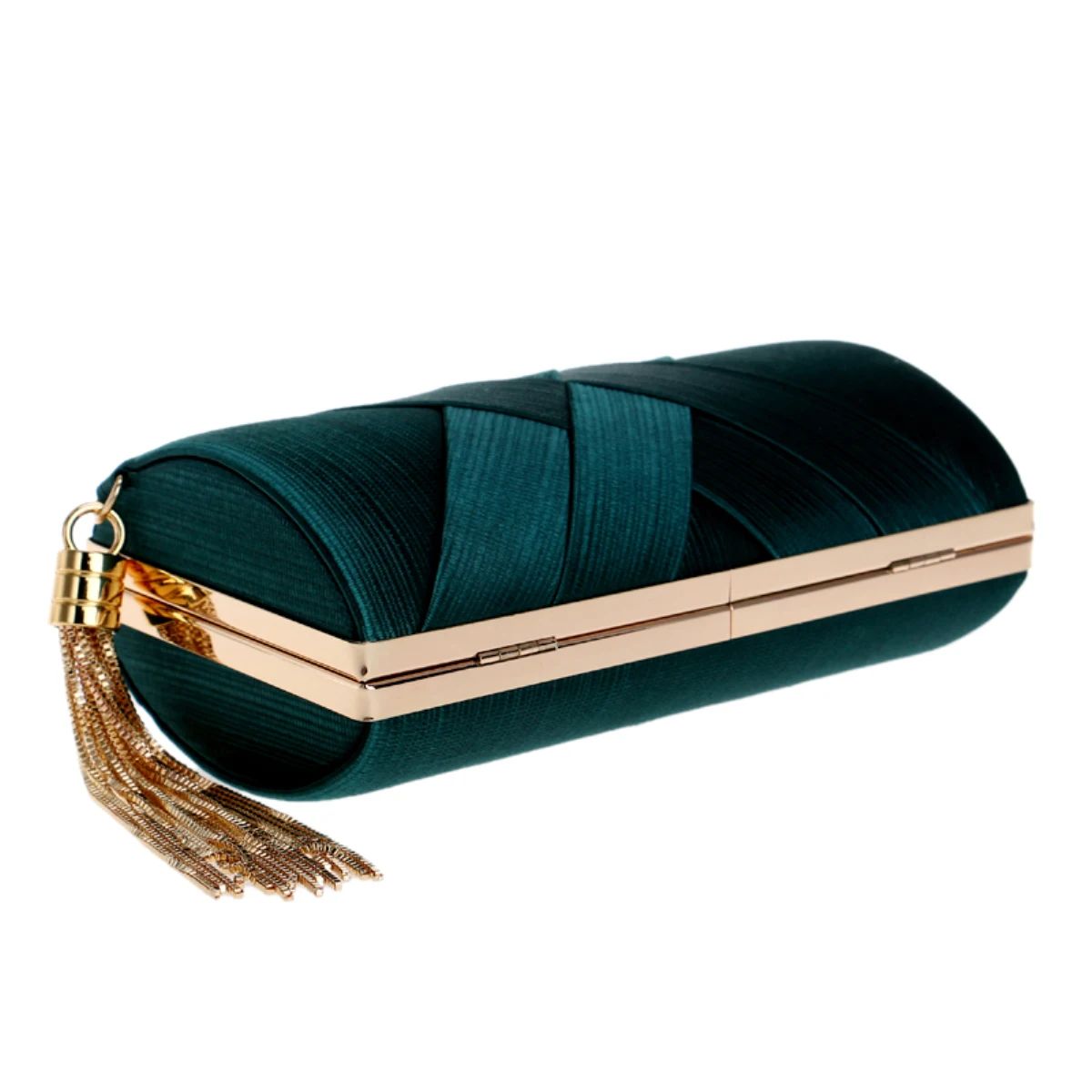 Criss-Cross Satin Clutch with Tassel and Chain Strap