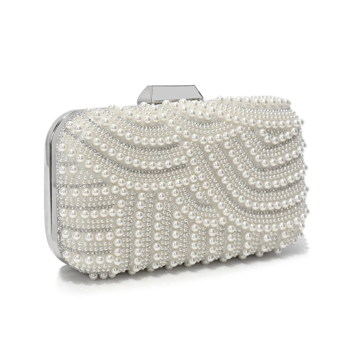 Vintage Pearl Beaded Clutch with Rhinestones and Chain Strap Sekusa - Women's Clutch Bags 3