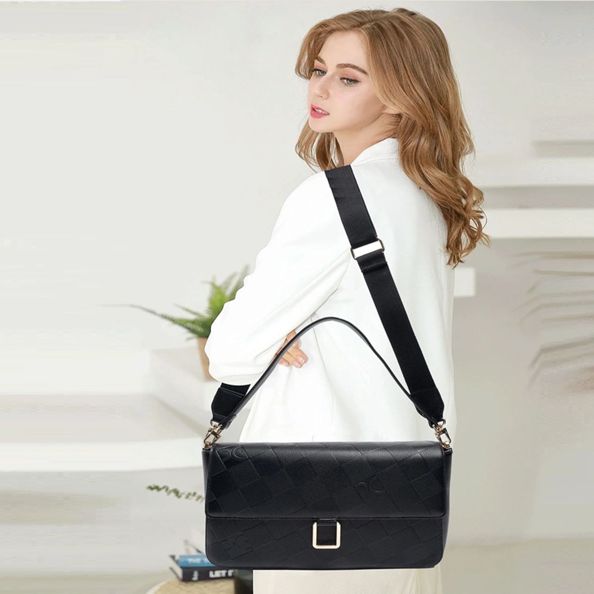Minimalist Solid Color Shoulder Bag with Flap and Metal Logo