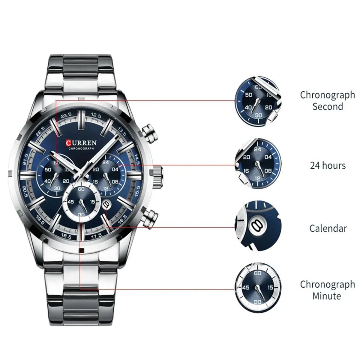 Stylish Chronograph Quartz Watch with Stainless Steel Strap Curren - Men's Dress Watches 1