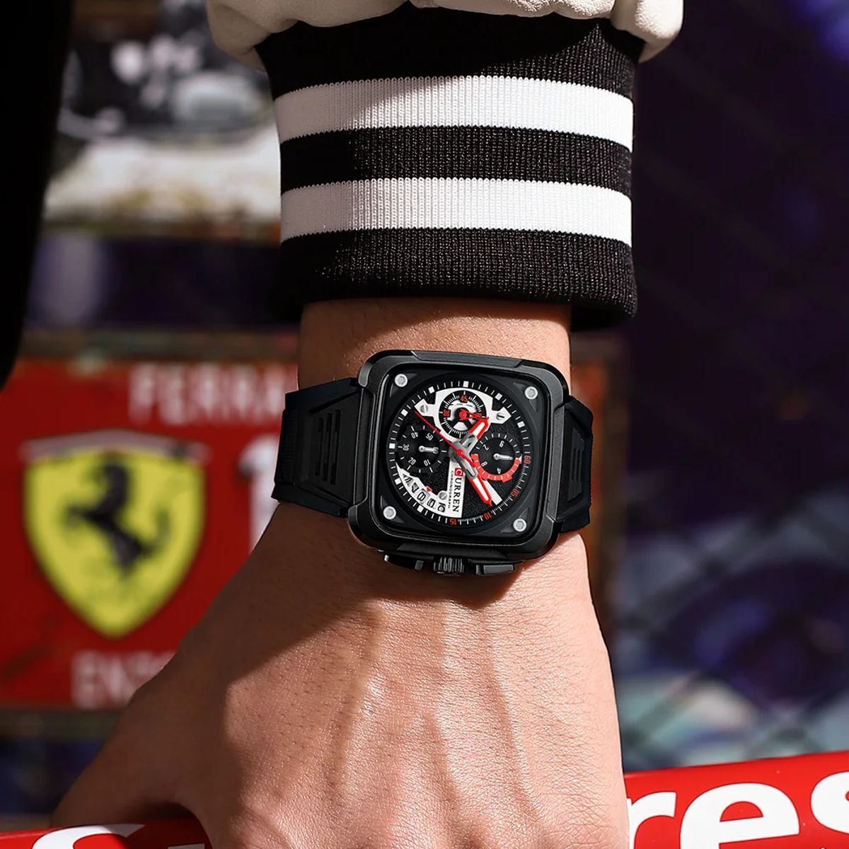 Men’s Sport Watch with Square Chronograph Dial and Silicone Strap