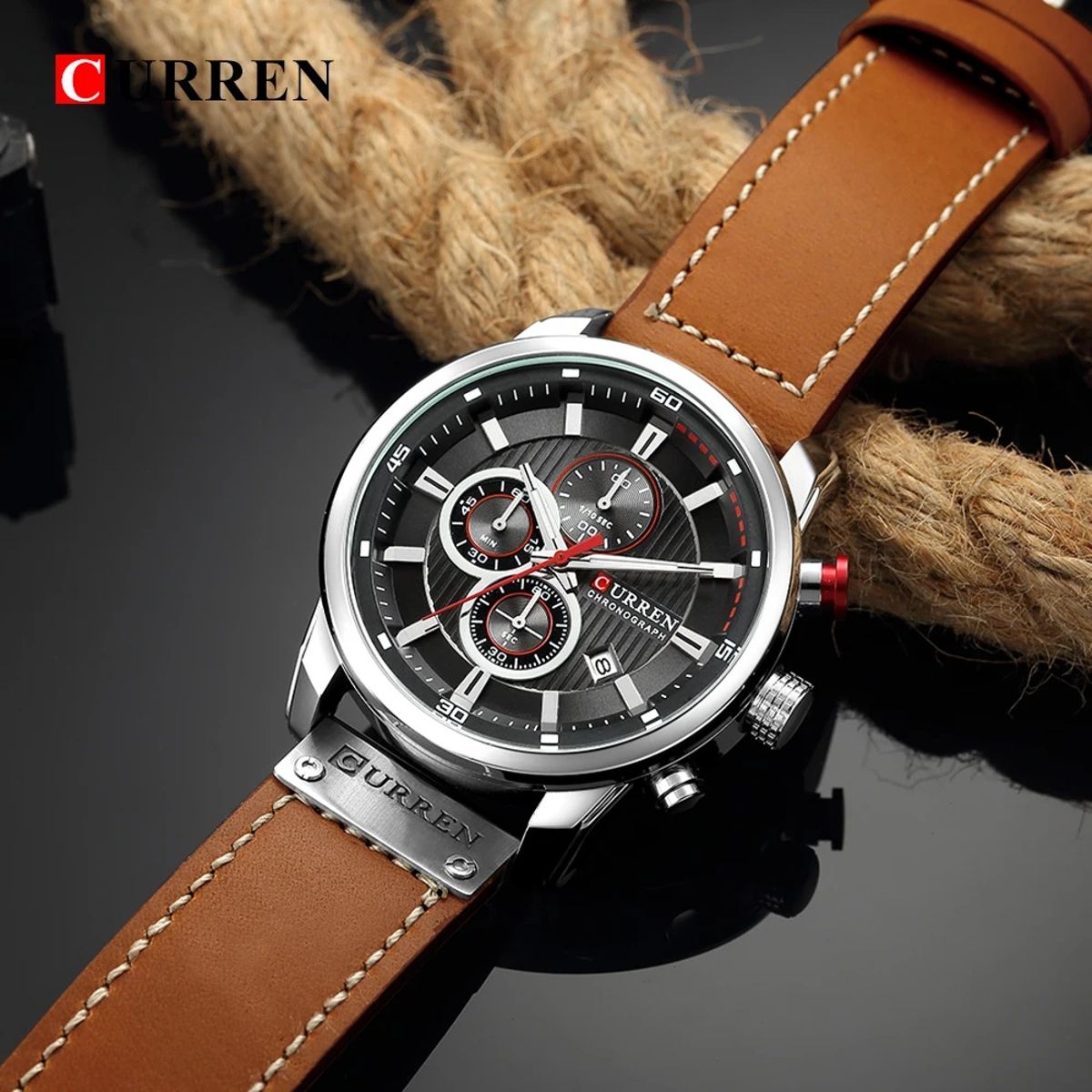 Elegant Men's Chronograph Watch with Leather Strap and Calendar Elegant Men's Chronograph Watch with Leather Strap and Calendar