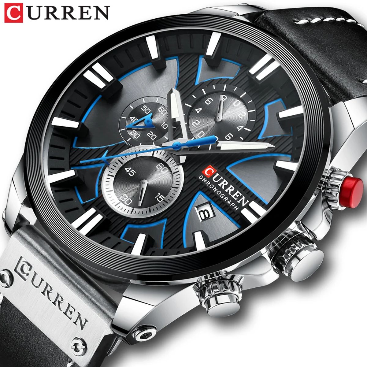 Sporty Men's Chronograph Watch with Leather Strap and Date Display Curren - Men's Dress Watches 1