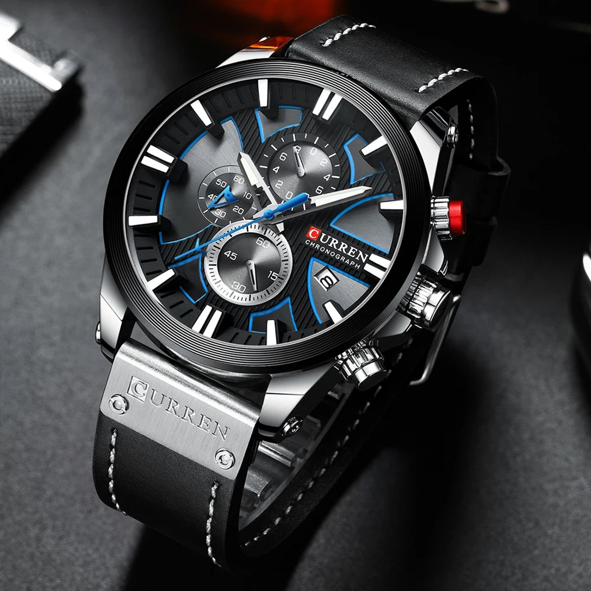 Sporty Men's Chronograph Watch with Leather Strap and Date Display Curren - Men's Dress Watches 2