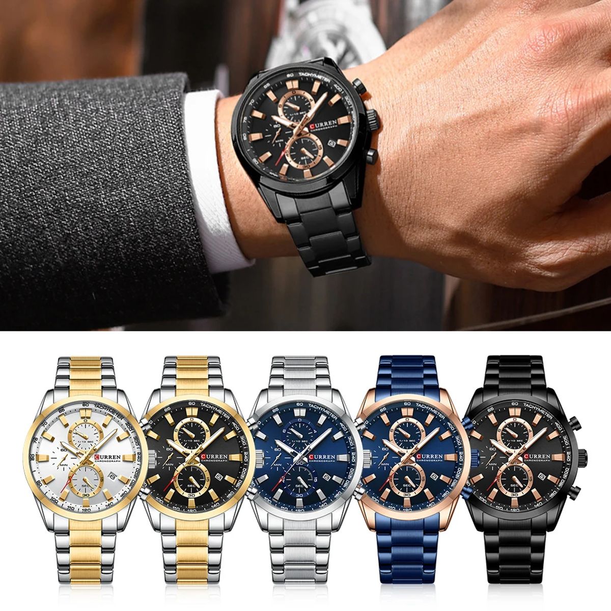 Stylish Men's Quartz Watch with Chronograph and Steel Strap Stylish Men's Quartz Watch with Chronograph and Steel Strap