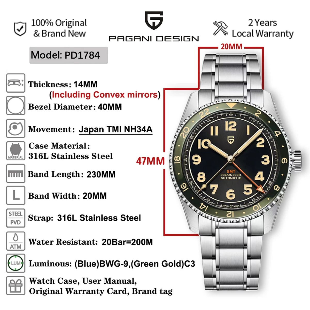 Elegant GMT Automatic Watch with Sapphire Glass and 20Bar Resistance Pagani Design - Men's Dress Watches 5