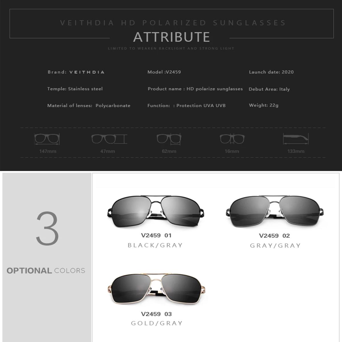 Men's Polarized UV400 Square Sunglasses for Outdoor Driving Veithdia - Men's Aviator Sunglasses 5