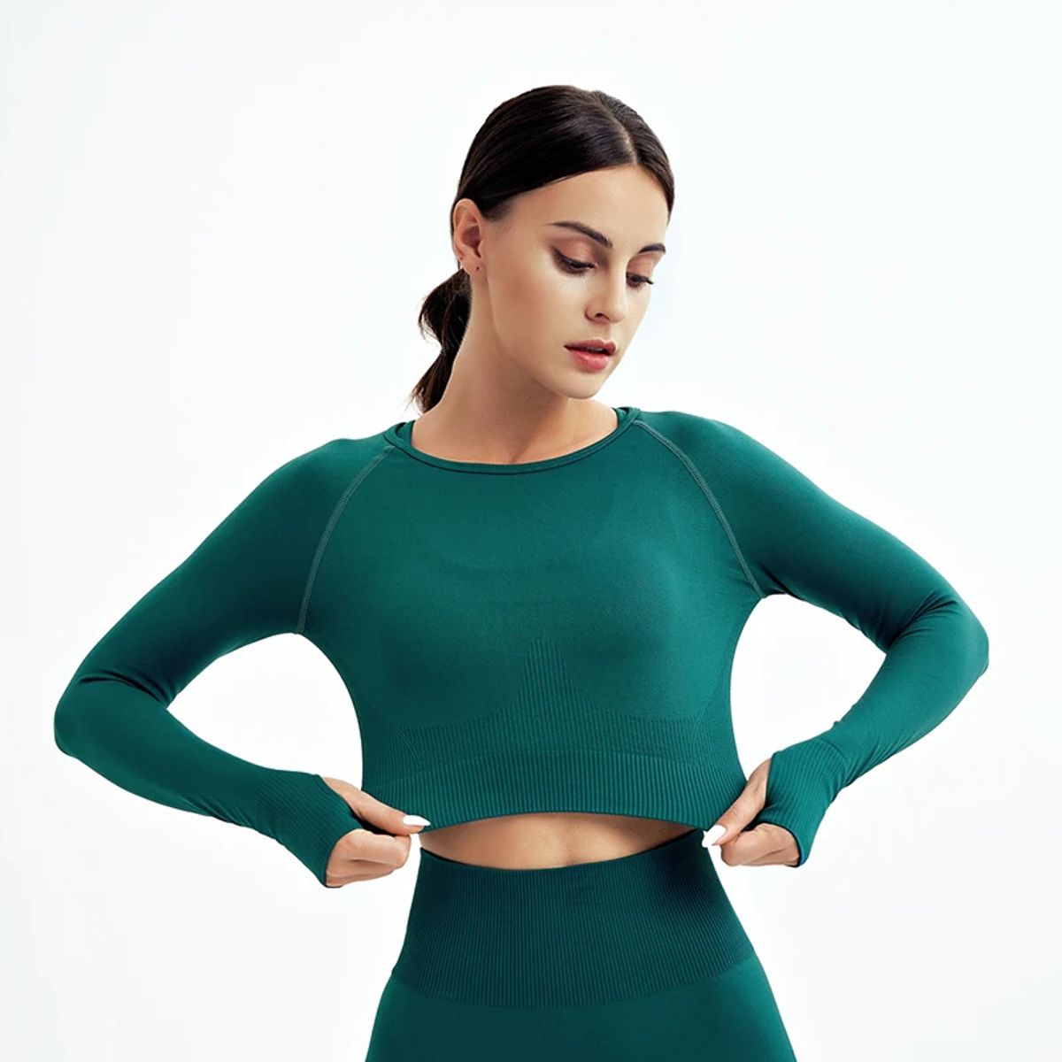 Seamless Long Sleeve Crop Top with Thumb Holes Seamless Long Sleeve Crop Top with Thumb Holes