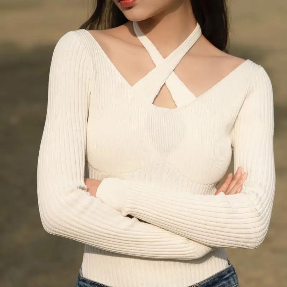 Long Sleeve Square Neck Bodysuit with Halter V-Neck Detail Bruscrest - Women's Babydolls & Bodysuits 1