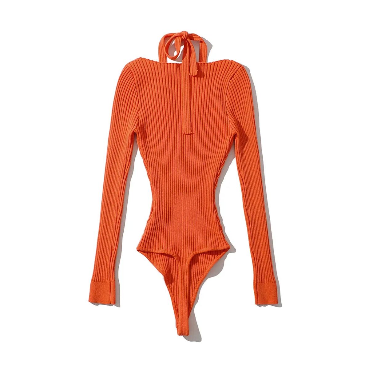 Long Sleeve Square Neck Bodysuit with Halter V-Neck Detail Bruscrest - Women's Babydolls & Bodysuits 4