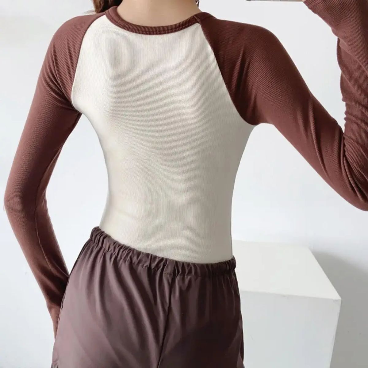 Patchwork Ribbed Long Sleeve Bodysuit for Women Streetwear
